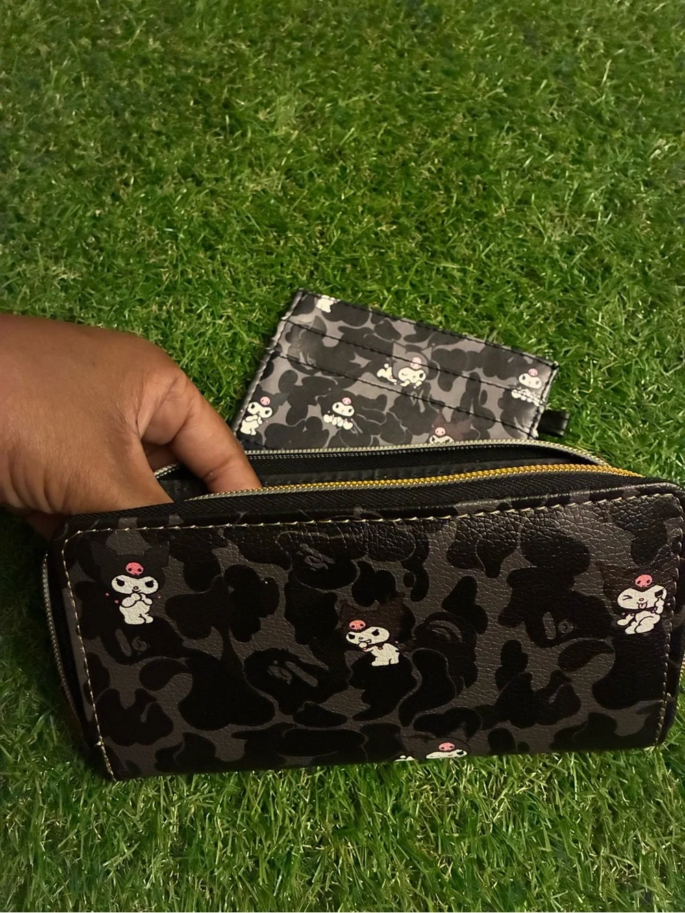Black Printed Zip-Around Wallet and Card Holder Set
